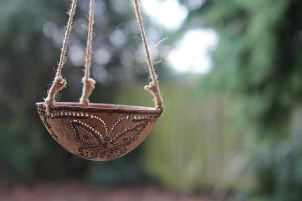 Thai Coconut Hanging Bowl 'Flowers & Butterfly'