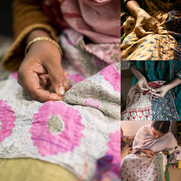 Sari Kantha Small Throw - Blue & Pink