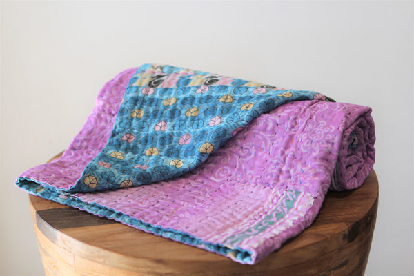 Sari Kantha Small Throw - Blue & Purple