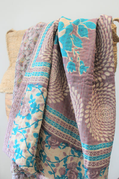 Sari Kantha Small Throw - Purple & Blue Flowers