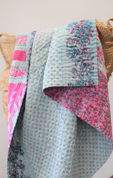 Sari Kantha Small Throw - Blue & Pink