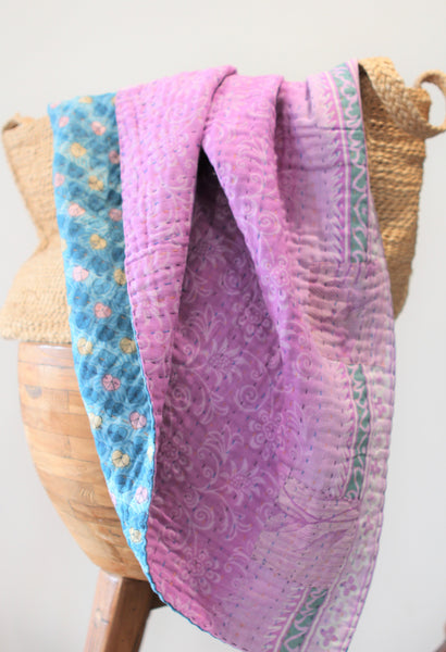 Sari Kantha Small Throw - Blue & Purple