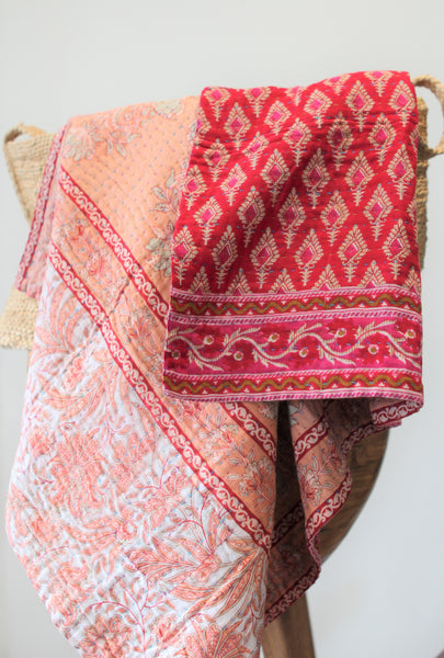 Sari Kantha Small Throw - Red & Peach