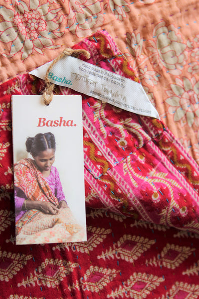Sari Kantha Small Throw - Red & Peach