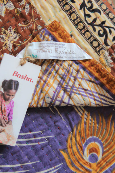 Sari Kantha Small Throw - Brown Flowers