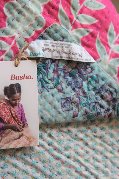 Sari Kantha Small Throw - Blue & Pink