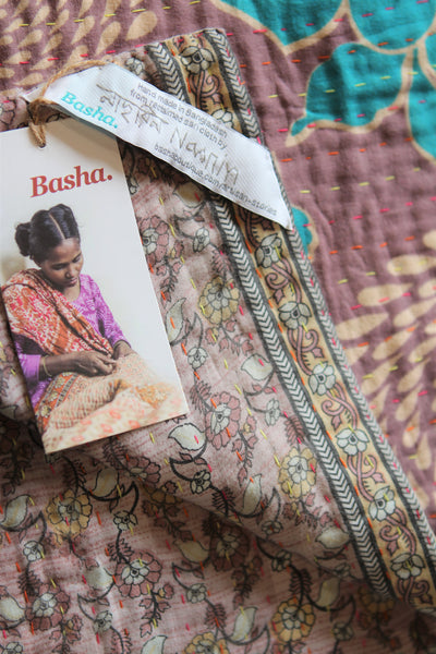 Sari Kantha Small Throw - Purple & Blue Flowers