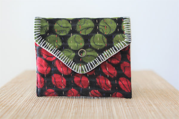 Sari Kantha Stitch Pouch - Red & Green