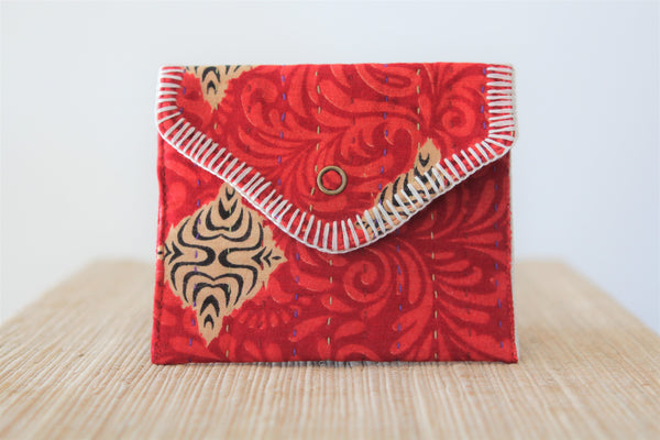 Sari Kantha Stitch Pouch - Red