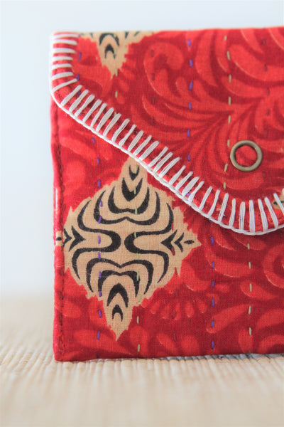 Sari Kantha Stitch Pouch - Red