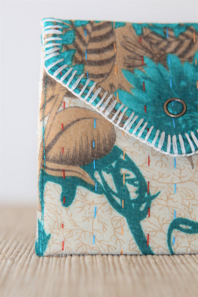 Sari Kantha Stitch Pouch - Pine Green