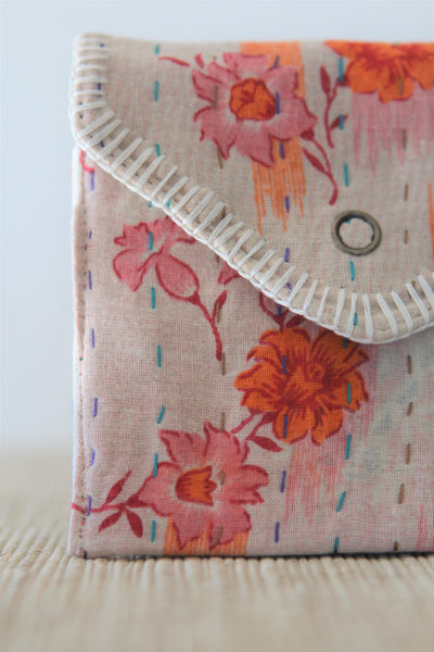 Sari Kantha Stitch Pouch - Flowers