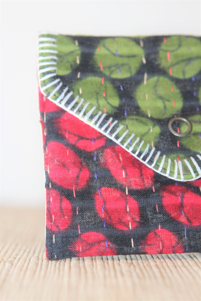 Sari Kantha Stitch Pouch - Red & Green