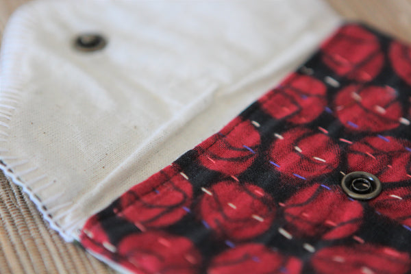 Sari Kantha Stitch Pouch - Red & Green