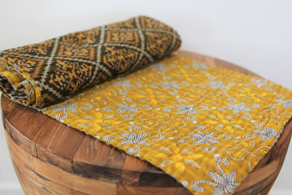 Kantha Table Runner -  Yellow & Olive Green