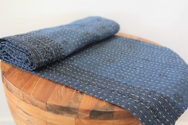 Kantha Table Runner - Navy & Black (Border)