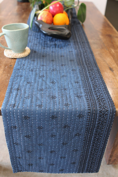 Kantha Table Runner - Navy & Black (Border)