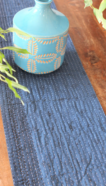 Kantha Table Runner - Navy & Black (Border)