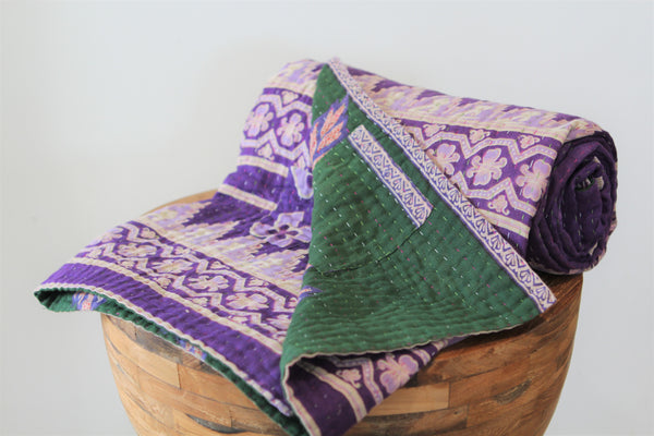 Sari Kantha Large Throw - Purple & Green Flowers