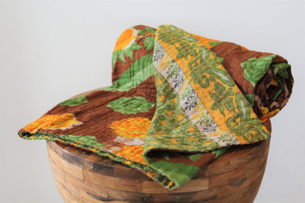 Sari Kantha Large Throw - Yellow, Green & Brown