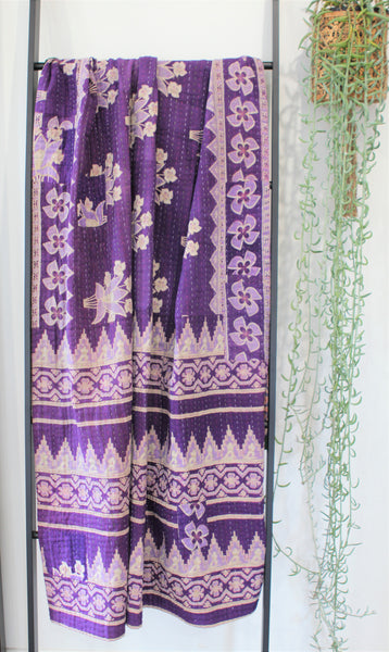 Sari Kantha Large Throw - Purple & Green Flowers
