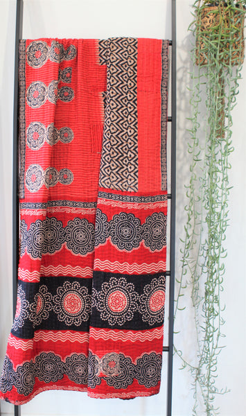 Sari Kantha Large Throw - Red & Black