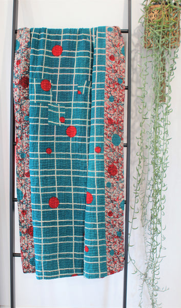Sari Kantha Large Throw - Red & Teal