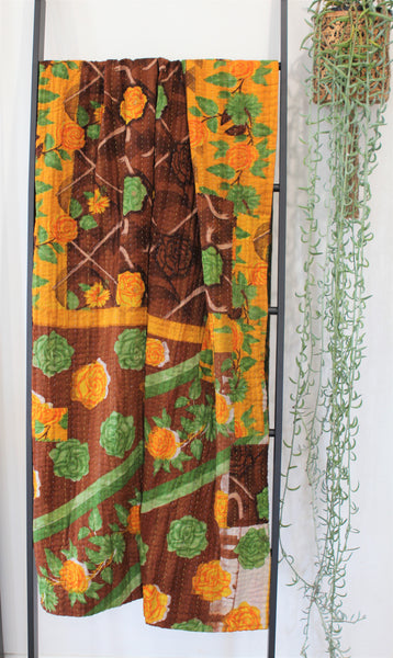 Sari Kantha Large Throw - Yellow, Green & Brown