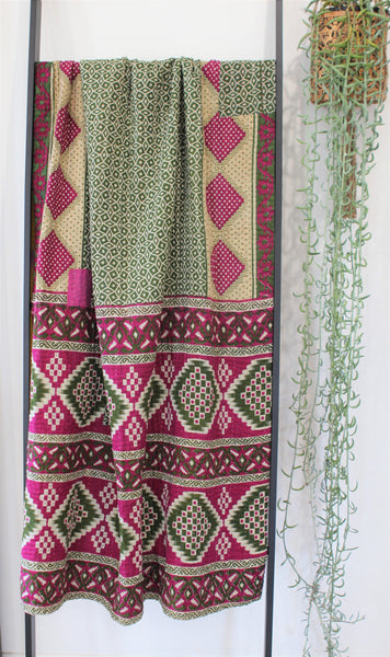 Sari Kantha Large Throw - Yellow, Green & Purple