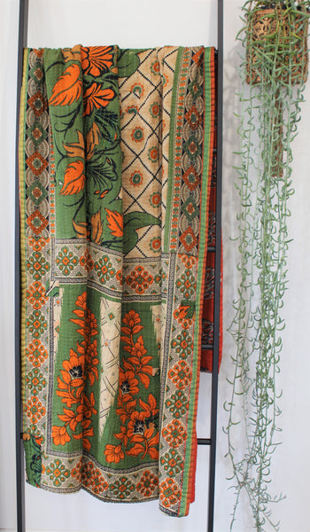 Sari Kantha Large Throw - Orange & Green 2