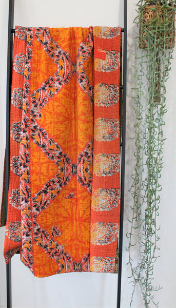 Sari Kantha Large Throw - Orange & Green 2