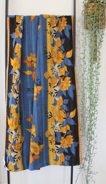 Sari Kantha Large Throw - Blue Floral & Paisley