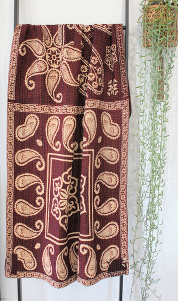Sari Kantha Large Throw - Aubergine Paisley