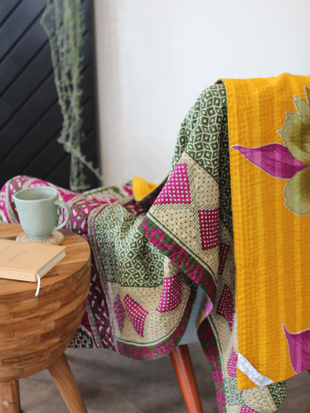 Sari Kantha Large Throw - Yellow, Green & Purple