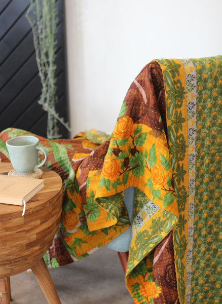 Sari Kantha Large Throw - Yellow, Green & Brown