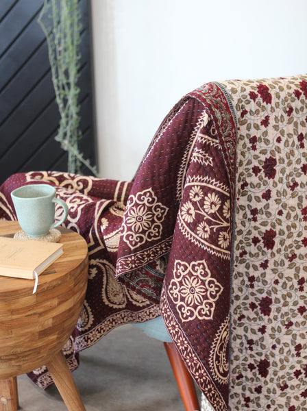 Sari Kantha Large Throw - Aubergine Paisley