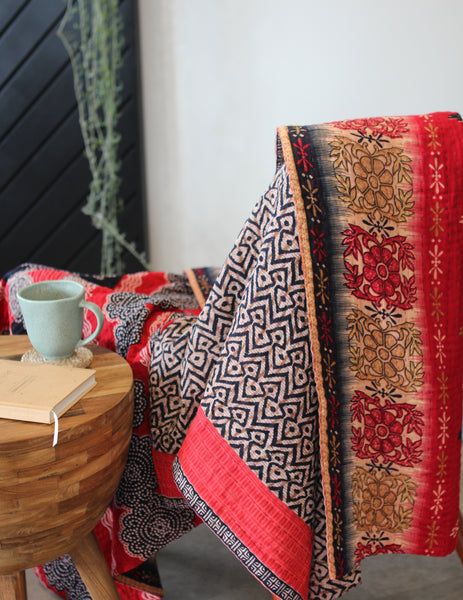 Sari Kantha Large Throw - Red & Black