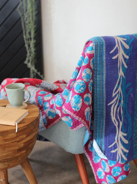 Sari Kantha Large Throw - Purple, Blue, Pink & Red