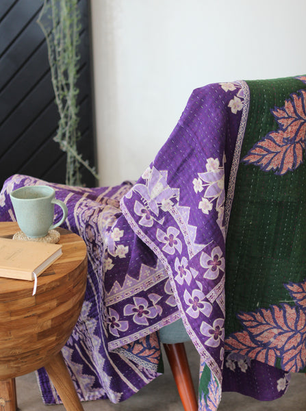 Sari Kantha Large Throw - Purple & Green Flowers