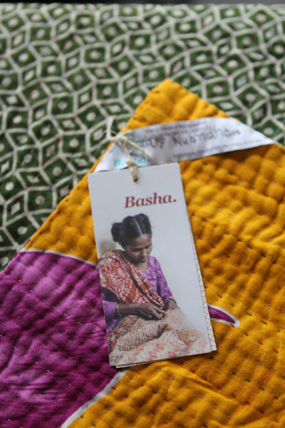 Sari Kantha Large Throw - Yellow, Green & Purple