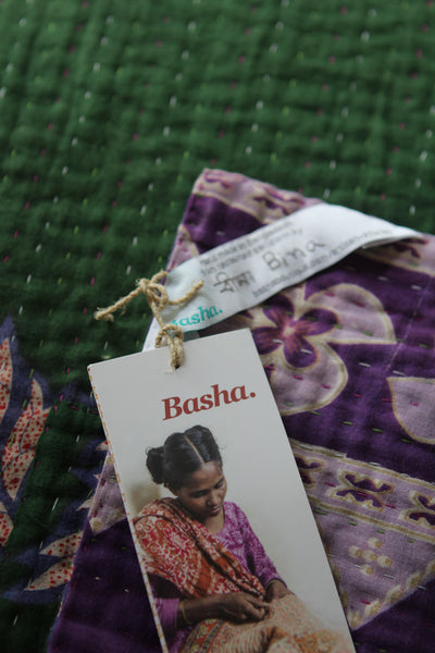 Sari Kantha Large Throw - Purple & Green Flowers